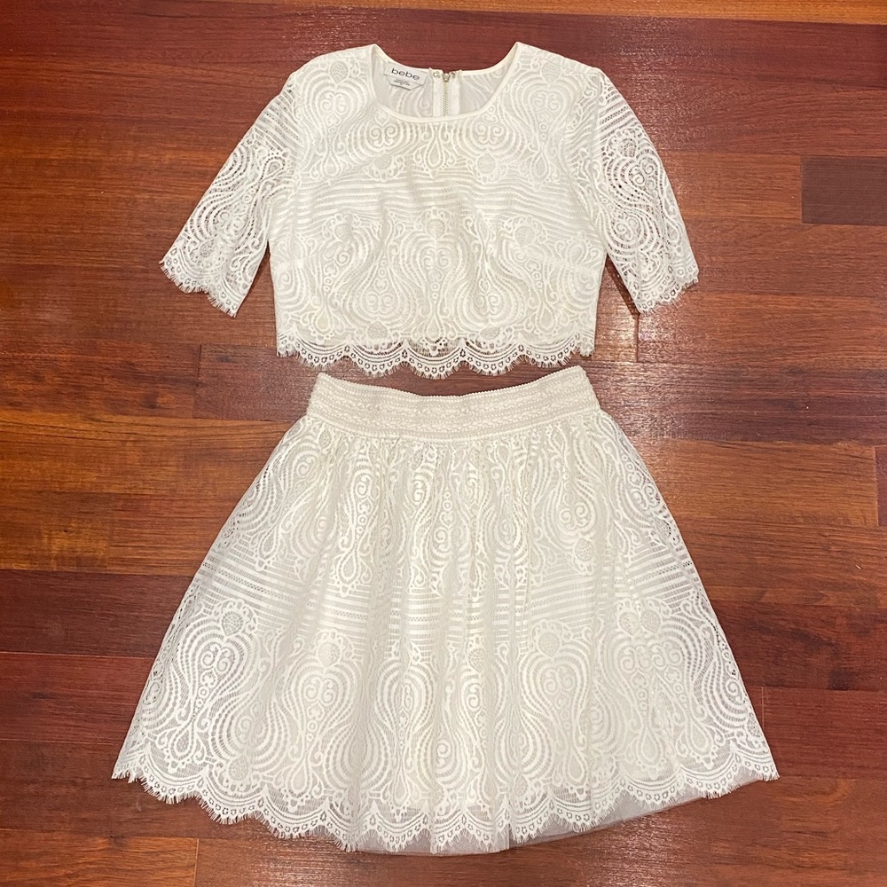 Bebe white Lace skirt set, PRISTINE